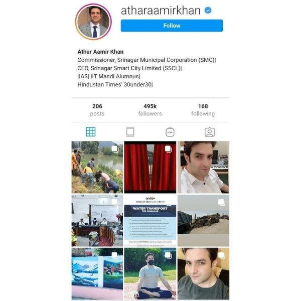 Athar Aamir Khan IAS has his own Instagram account. His account is public for everyone to view.